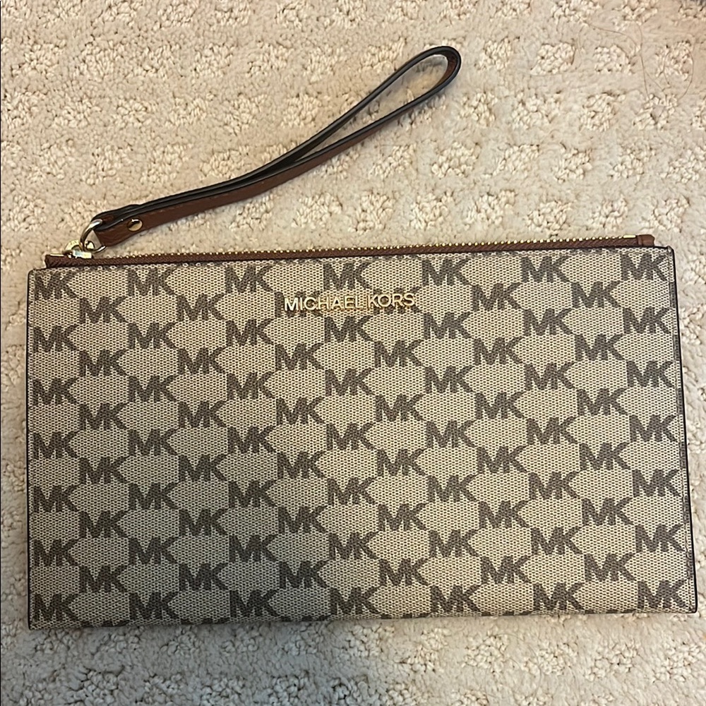 Michael Kors Tan and Brown Logo Wristlet